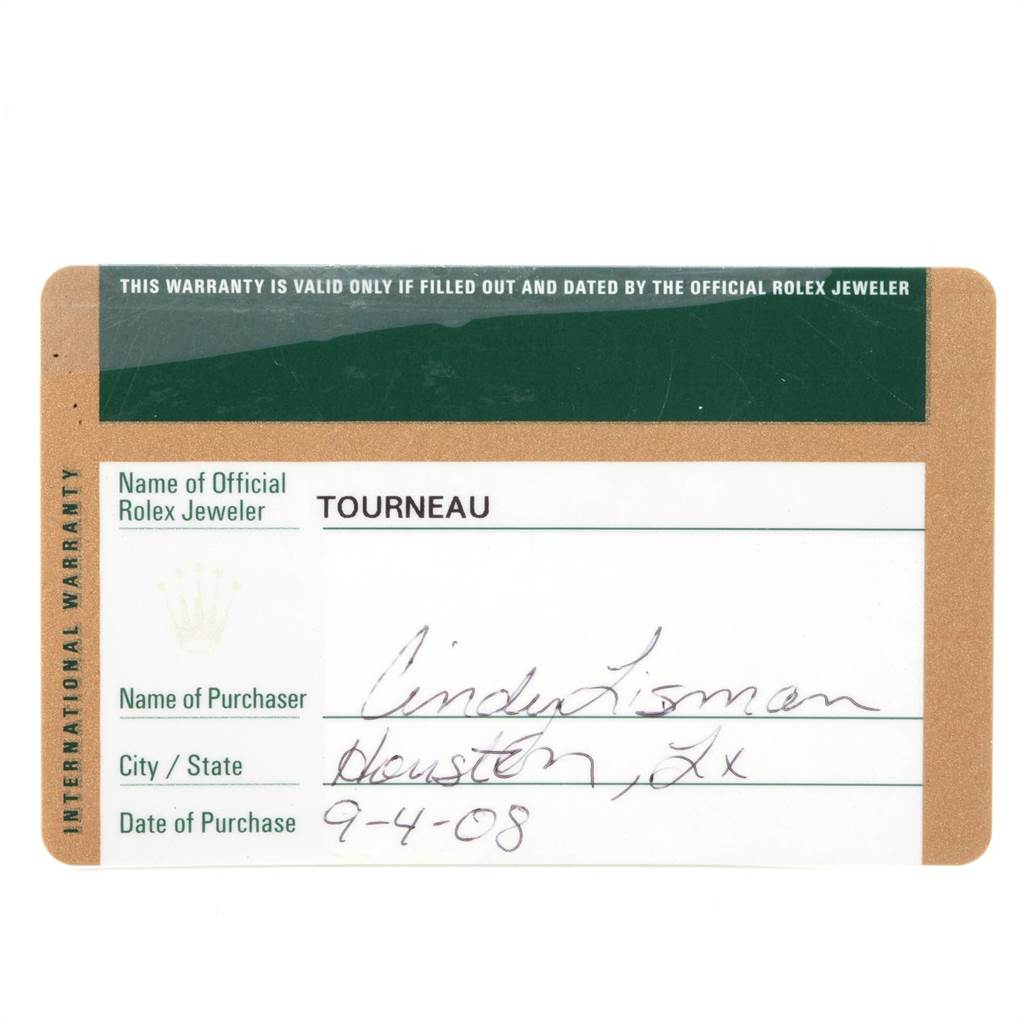 The image shows the front of an international warranty card for a Rolex Cellini 5330 Men
s White Gold White Dial 5330 Men
s White Gold White Dial model.