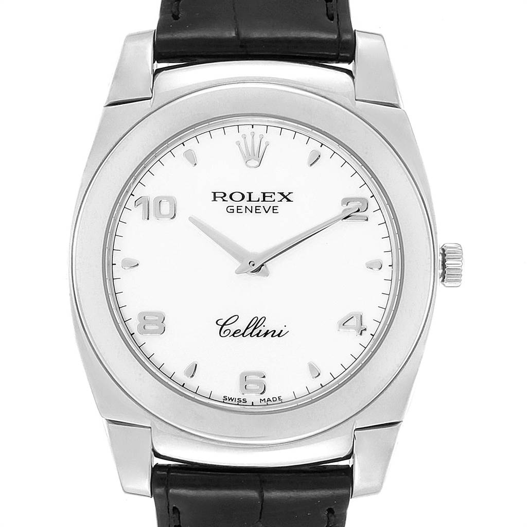 The image shows a front view of a Rolex Cellini 5330 Men
s White Gold White Dial 5330 Men
s White Gold White Dial watch including its face, crown, and part of the leather strap.