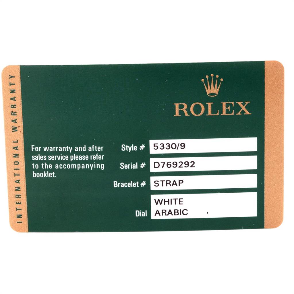 This image shows the international warranty card for a Rolex Cellini 5330 Men
s White Gold White Dial 5330 Men
s White Gold White Dial model, detailing the style, serial, bracelet type, and dial.