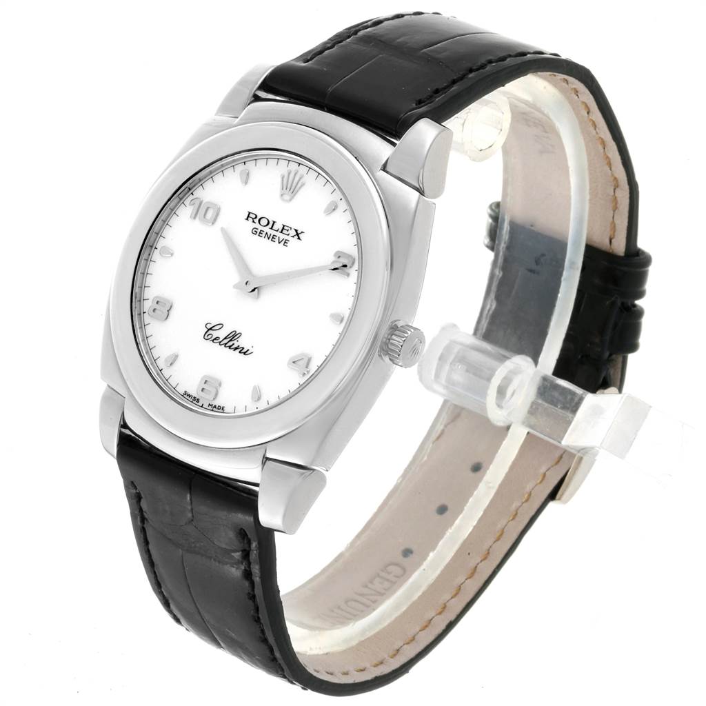 This image shows a Rolex Cellini 5330 Men
s White Gold White Dial 5330 Men
s White Gold White Dial watch at a slight angle, displaying its face, bezel, crown, and black leather strap.