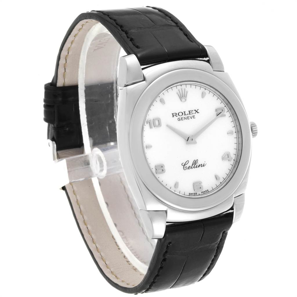The image shows a side-angle view of the Rolex Cellini 5330 Men
s White Gold White Dial 5330 Men
s White Gold White Dial watch, highlighting its white dial, silver case, and black leather strap.