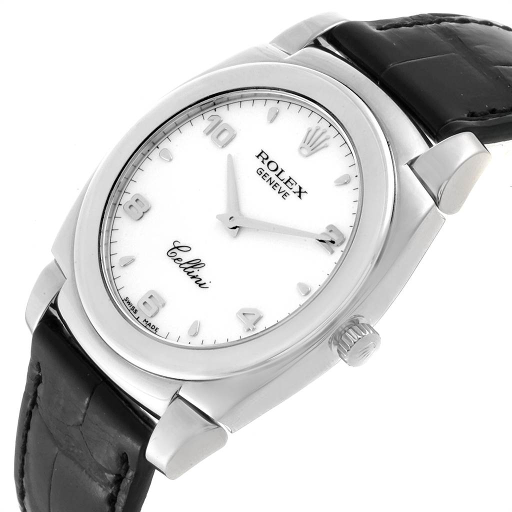 The Rolex Cellini 5330 Men
s White Gold White Dial 5330 Men
s White Gold White Dial watch is shown at an angled view, highlighting its white dial, black leather strap, and metallic case with crown.