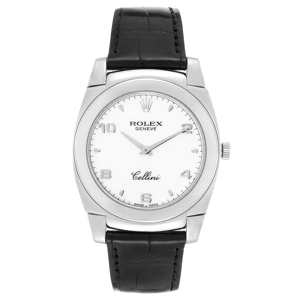 This image shows a front view of a Rolex Cellini 5330 Men
s White Gold White Dial 5330 Men
s White Gold White Dial watch, displaying the face, case, and leather band.