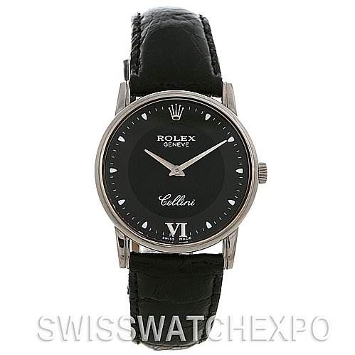 The image shows a front view of a Rolex Cellini 5116 White Gold Black Dial 5116 White Gold Black Dial watch with its face and black leather strap visible.