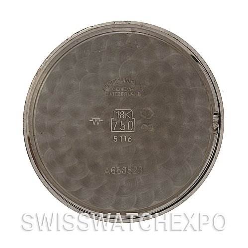 This image shows the inside case back of a Rolex Cellini 5116 White Gold Black Dial 5116 White Gold Black Dial watch, highlighting its markings and gold content.