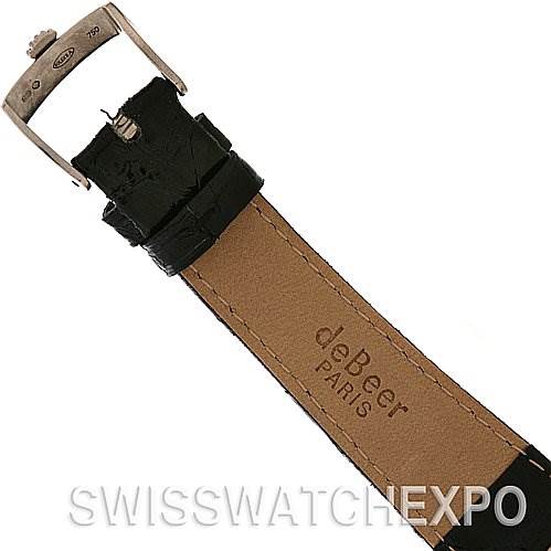 The image shows the buckle and part of the leather strap of a Rolex Cellini 5116 White Gold Black Dial 5116 White Gold Black Dial watch, branded with "deBeer Paris."