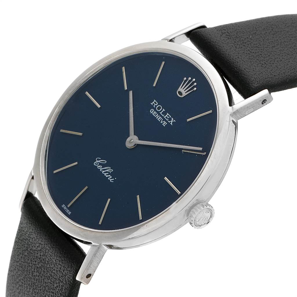 This Rolex Cellini 4112 Men
s White Gold Blue Dial 4112 Men
s White Gold Blue Dial watch is shown at a slight angle, displaying the face, dial, crown, and part of the black leather strap.