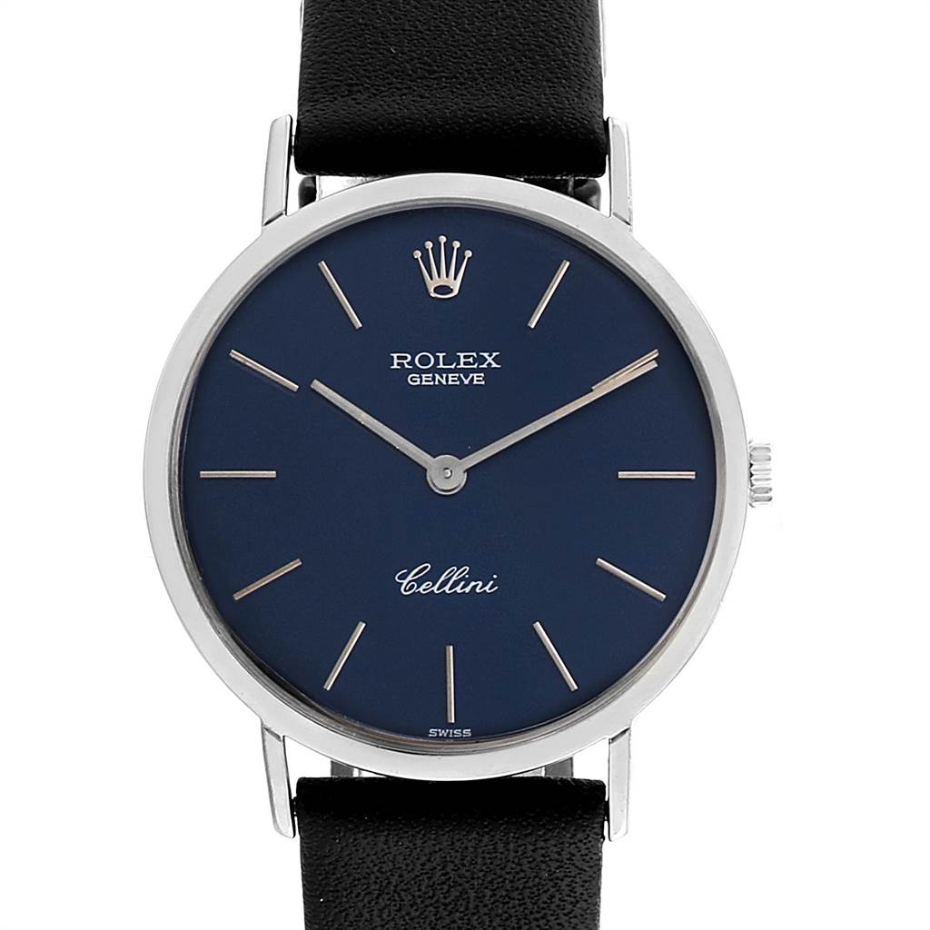 This image shows a front view of a Rolex Cellini 4112 Men
s White Gold Blue Dial 4112 Men
s White Gold Blue Dial watch, highlighting the dial, hands, and part of the strap.