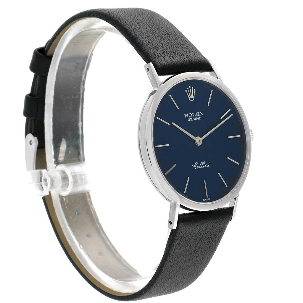 This image shows a Rolex Cellini 4112 Men
s White Gold Blue Dial 4112 Men
s White Gold Blue Dial watch at an angle displaying the full face, dial, and leather strap.