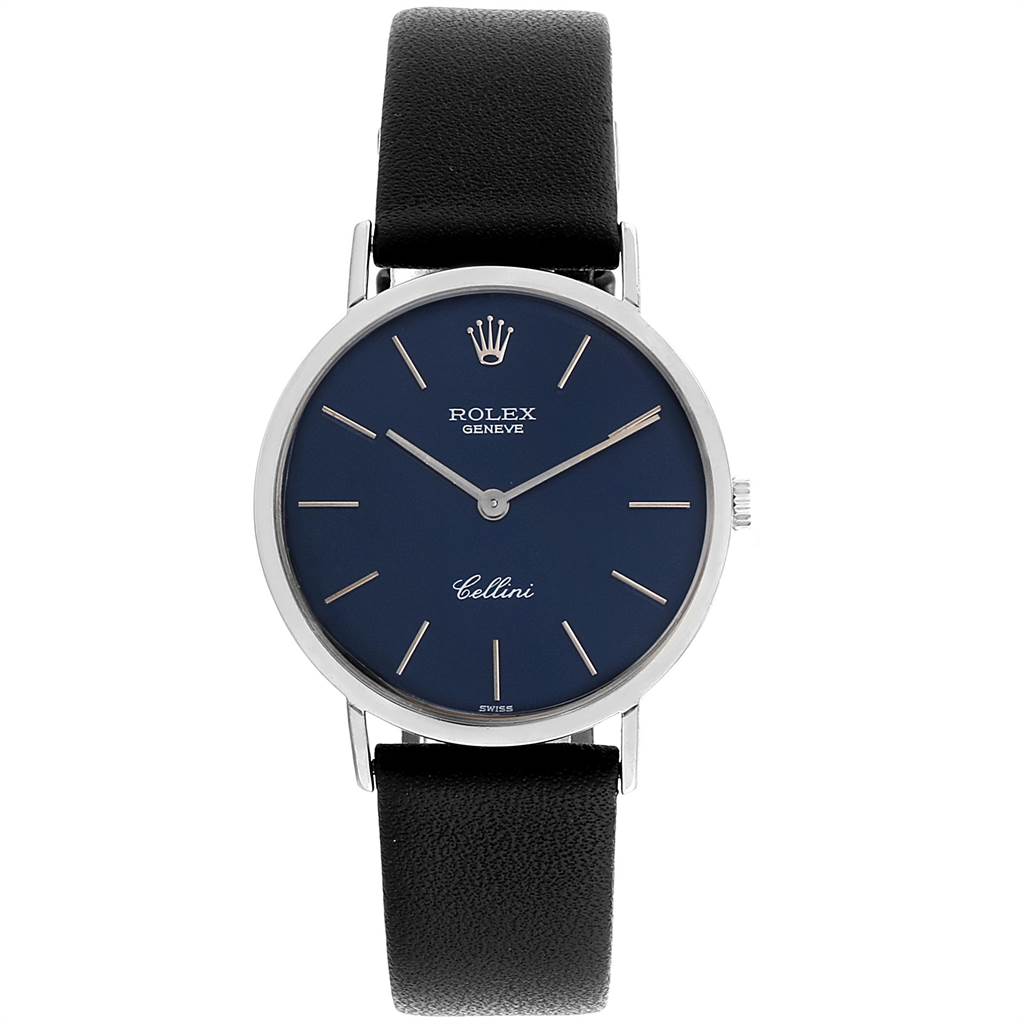 The image shows the Rolex Cellini 4112 Men
s White Gold Blue Dial 4112 Men
s White Gold Blue Dial watch from the front, displaying the face, hands, marker indices, and black leather strap.
