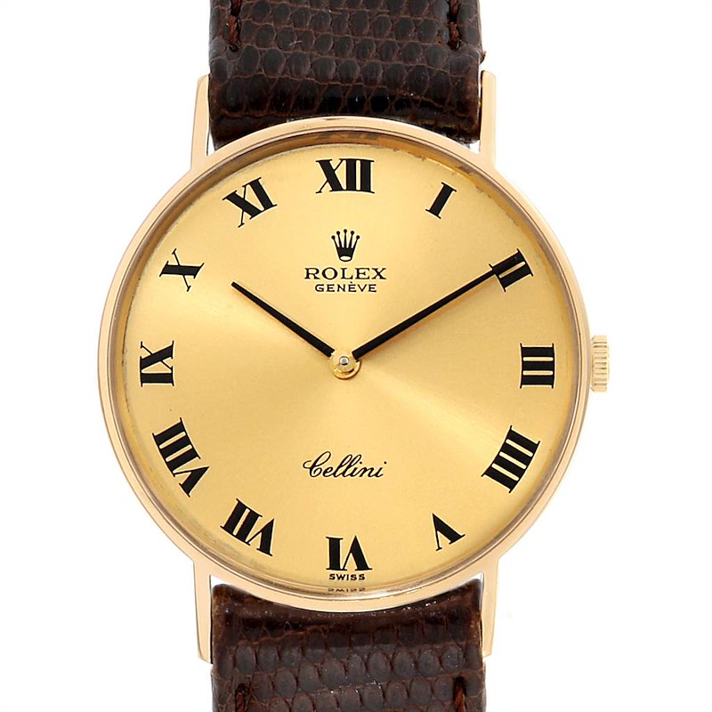 Rolex Cellini Classic 14k Yellow Gold Brown Strap Unisex Watch 3833 SwissWatchExpo