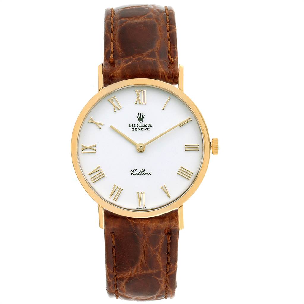 The image shows a frontal view of a Rolex Cellini 4112 Men
s Yellow Gold White Dial 4112 Men
s Yellow Gold White Dial watch, highlighting its dial, brown leather strap, and gold case.