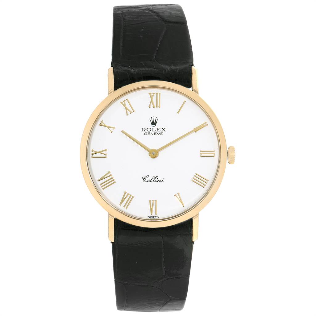 This image shows a front view of the Rolex Cellini 4112 Men's Yellow Gold White Dial 4112 Men's Yellow Gold White Dial watch, displaying the face, hands, case, and leather strap.