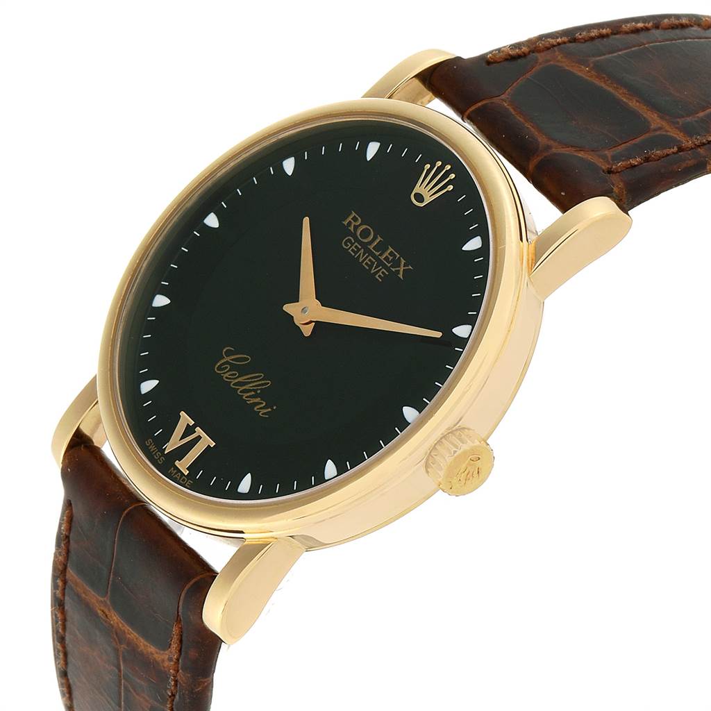 The image shows a side view of the Rolex Cellini 5115 Men's Yellow Gold Black Dial 5115 Men's Yellow Gold Black Dial watch, highlighting the black dial, gold case, crown, and brown leather strap.