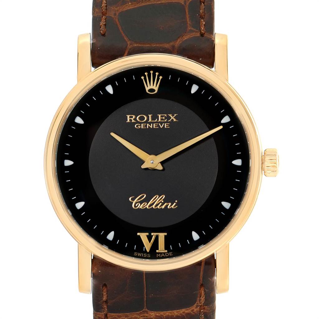 The image shows a front-angle view of a Rolex Cellini 5115 Men's Yellow Gold Black Dial 5115 Men's Yellow Gold Black Dial watch with a black dial, gold markers, and a brown leather strap.