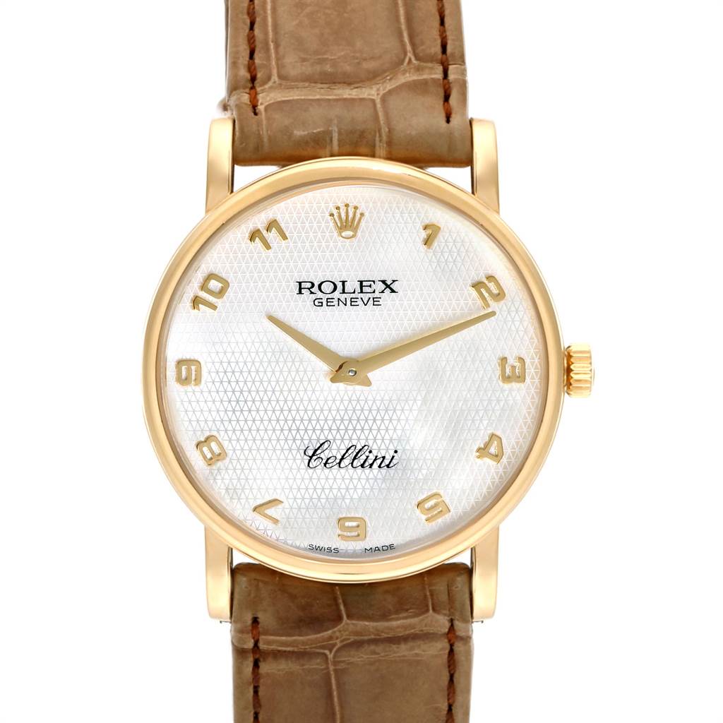 The image shows a front view of a Rolex Cellini 5115 Yellow Gold Mother of Pearl Dial 5115 Yellow Gold Mother of Pearl Dial watch with a leather strap and a gold case.