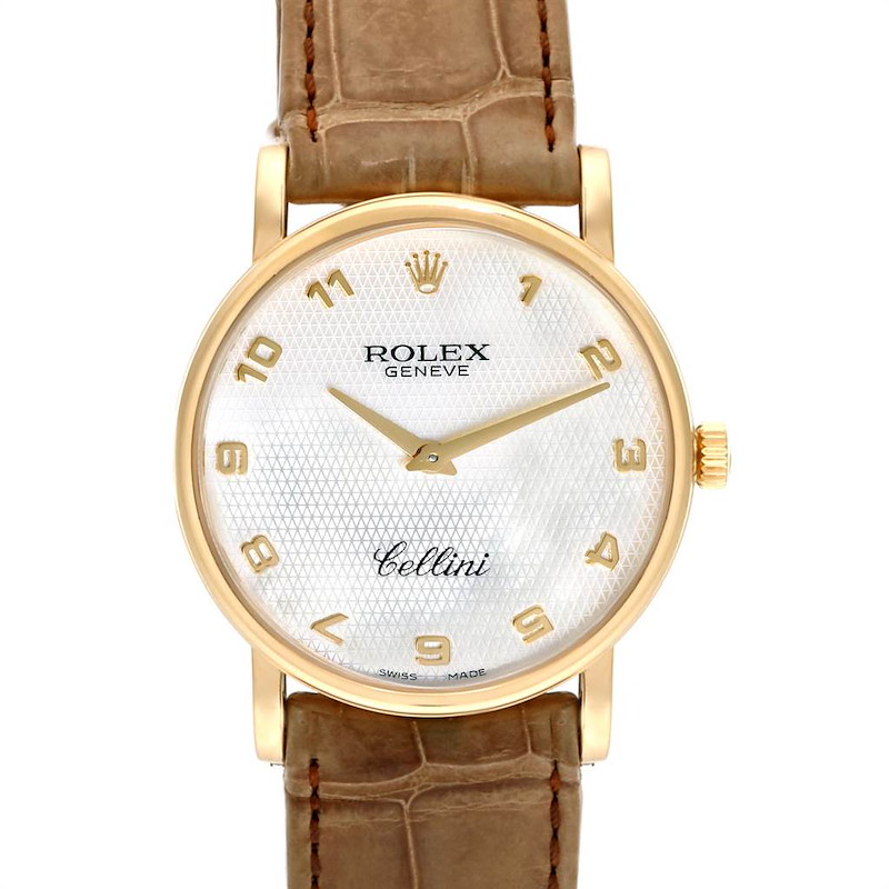 Rolex Cellini Classic Yellow Gold MOP Dial Brown Strap Mens Watch 5115 SwissWatchExpo