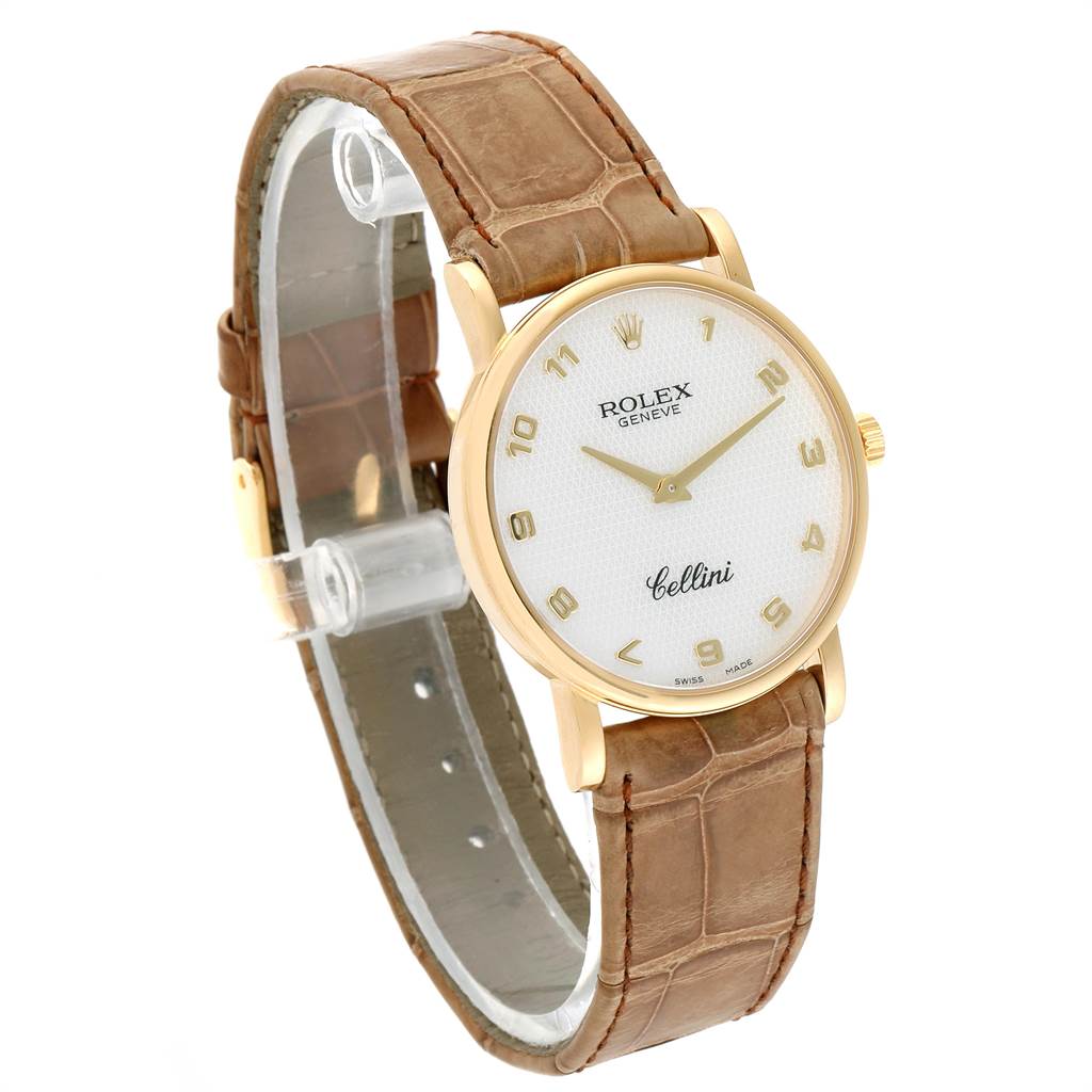 The image shows a Rolex Cellini 5115 Yellow Gold Mother of Pearl Dial 5115 Yellow Gold Mother of Pearl Dial watch at a three-quarter angle, highlighting the dial, case, and leather strap.