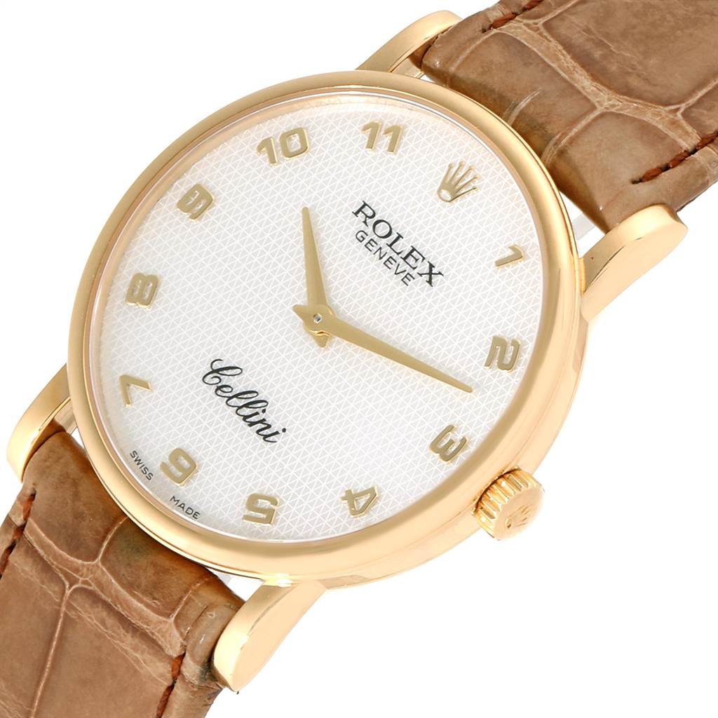 This image shows the face, case, crown, and part of the leather strap of a Rolex Cellini 5115 Yellow Gold Mother of Pearl Dial 5115 Yellow Gold Mother of Pearl Dial watch.