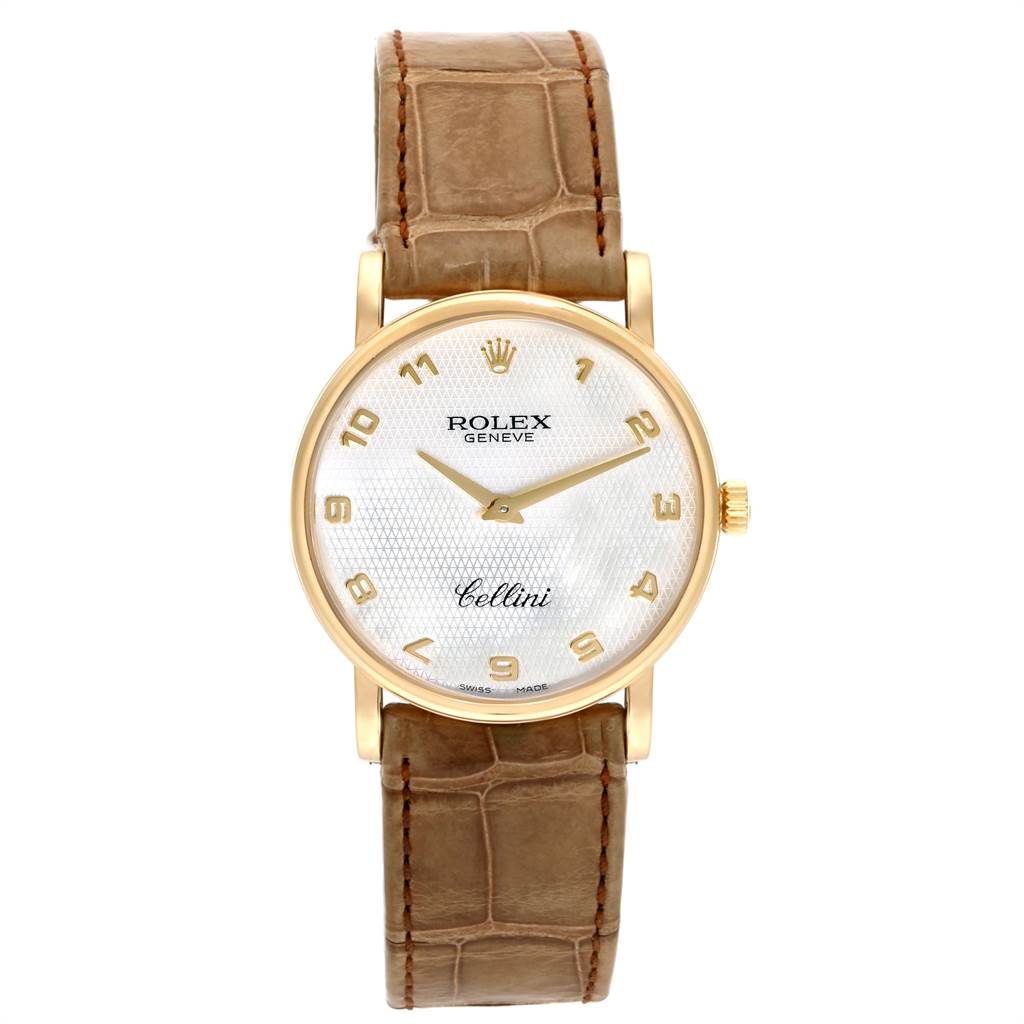 This image shows a front view of the Rolex Cellini 5115 Yellow Gold Mother of Pearl Dial 5115 Yellow Gold Mother of Pearl Dial watch, highlighting its dial, numerals, hands, and leather strap.