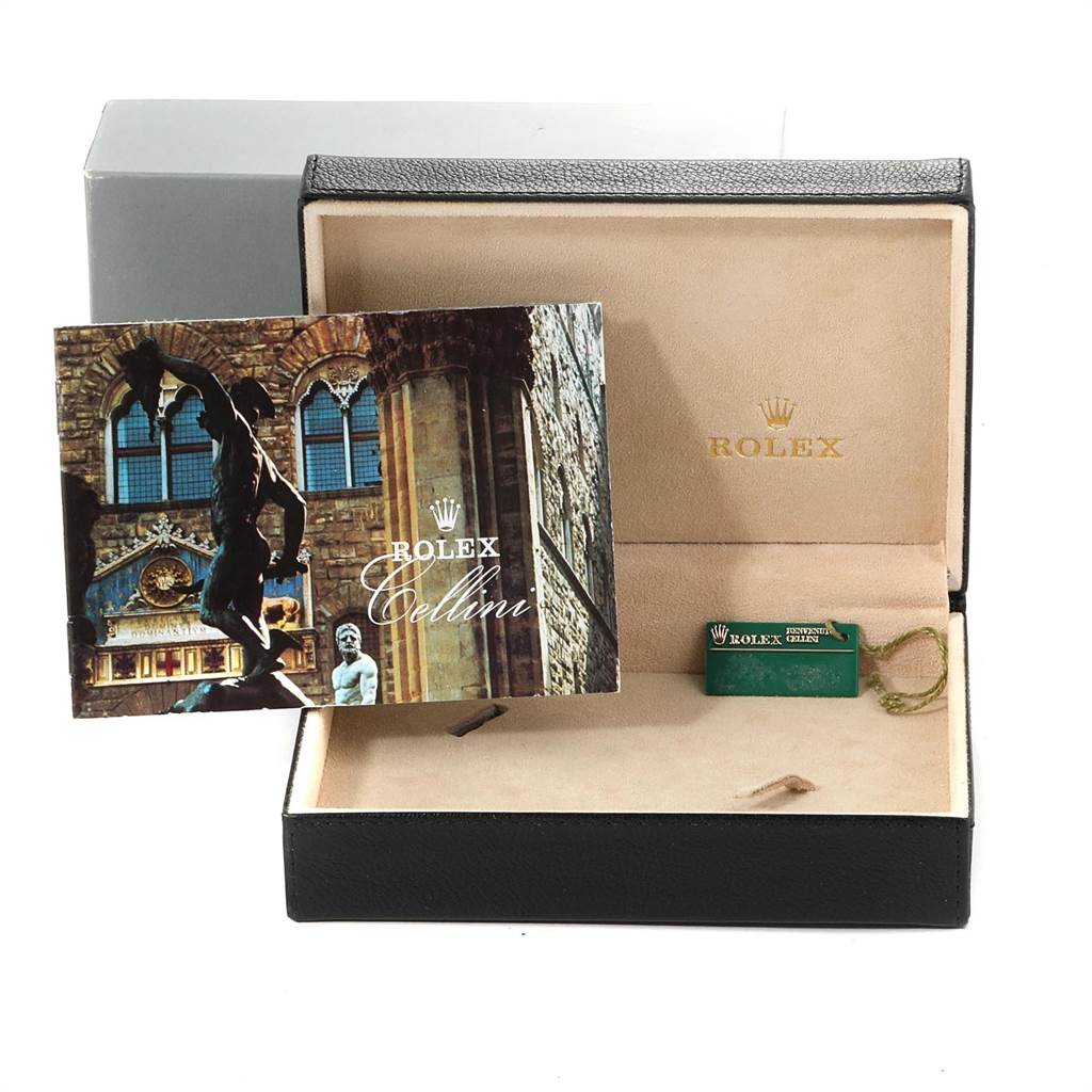 The image shows a Rolex Cellini 5115 Yellow Gold Mother of Pearl Dial 5115 Yellow Gold Mother of Pearl Dial watch box, booklet, and tag from a straight-on angle.