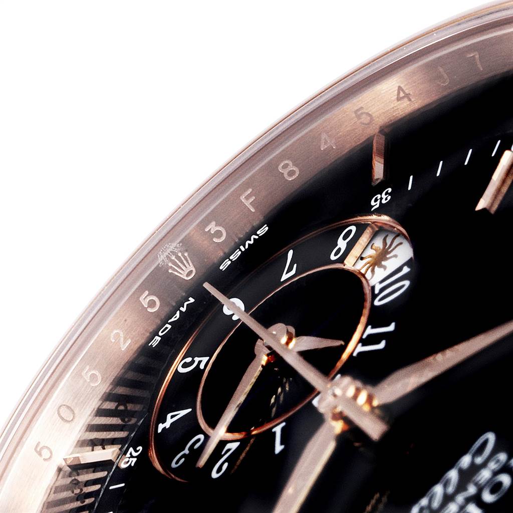 The image shows a close-up of the Rolex Cellini 50525 Men's Rose Gold Black Dial 50525 Men's Rose Gold Black Dial watch face, highlighting the hour markers, hands, and part of the inner dial.