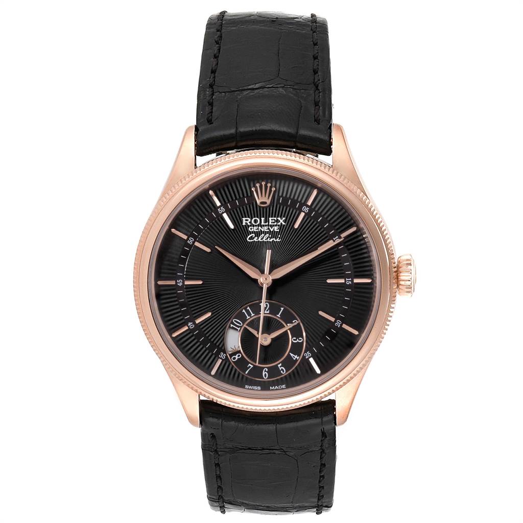 The Rolex Cellini 50525 Men's Rose Gold Black Dial 50525 Men's Rose Gold Black Dial watch is shown from a front angle, showcasing its black dial, gold casing, and black leather strap.