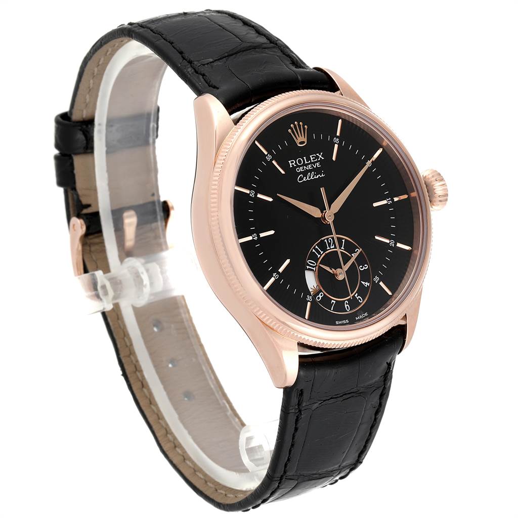 The image shows a Rolex Cellini 50525 Men's Rose Gold Black Dial 50525 Men's Rose Gold Black Dial watch at a three-quarter angle, featuring its black dial, rose gold case, and black leather strap.