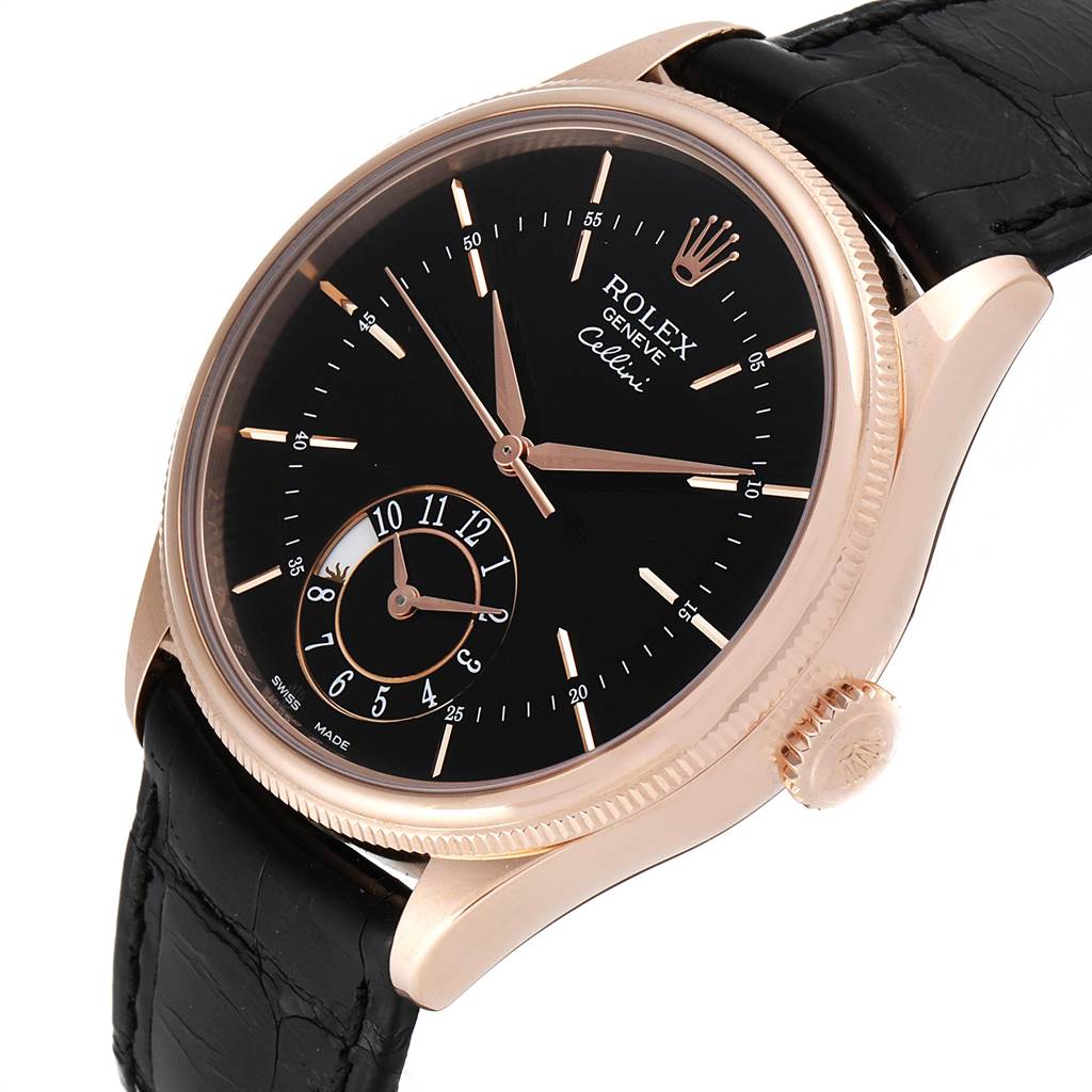 This image shows a Rolex Cellini 50525 Men's Rose Gold Black Dial 50525 Men's Rose Gold Black Dial watch at a three-quarter angle, highlighting its dial, crown, case, and black leather strap.