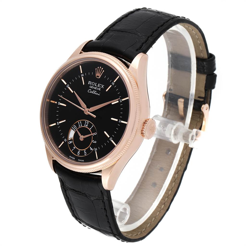 The image shows a side angle view of a Rolex Cellini 50525 Men's Rose Gold Black Dial 50525 Men's Rose Gold Black Dial watch, highlighting the watch face, crown, casing, and leather strap.