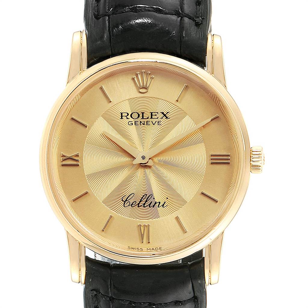 The image shows a front view of the Rolex Cellini 5116 Men's Yellow Gold Champagne Dial 5116 Men's Yellow Gold Champagne Dial watch, highlighting its round gold dial, black leather strap, and crown emblem.