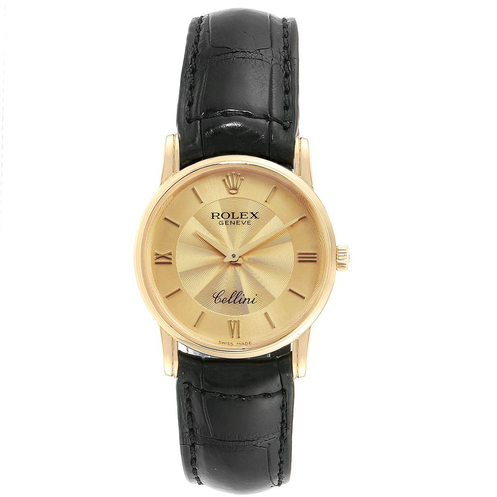 This image shows a front view of a Rolex Cellini 5116 Men's Yellow Gold Champagne Dial 5116 Men's Yellow Gold Champagne Dial watch featuring a gold dial and a black leather strap.