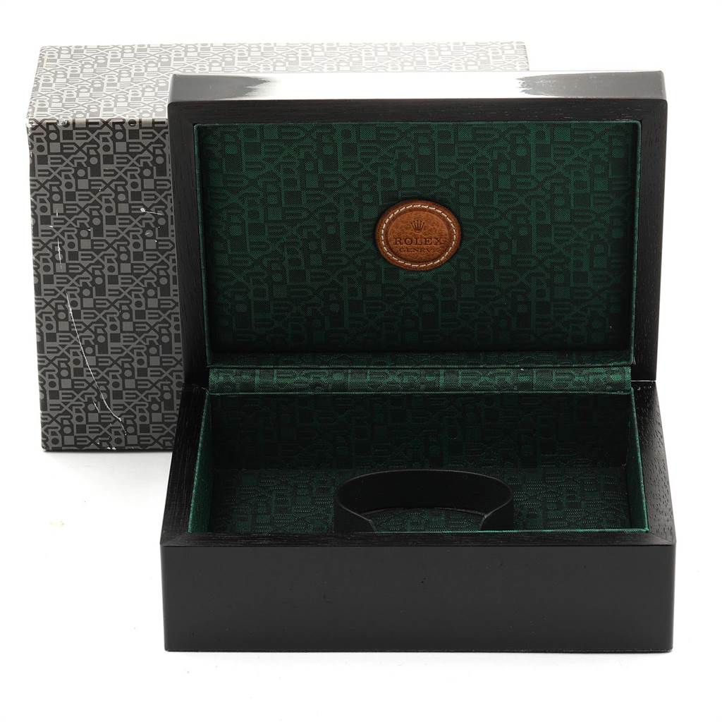 The image shows an open Rolex Cellini 6623 Men's Yellow Gold White Dial 6623 Men's Yellow Gold White Dial watch box and its outer protective box from a straight-on angle.