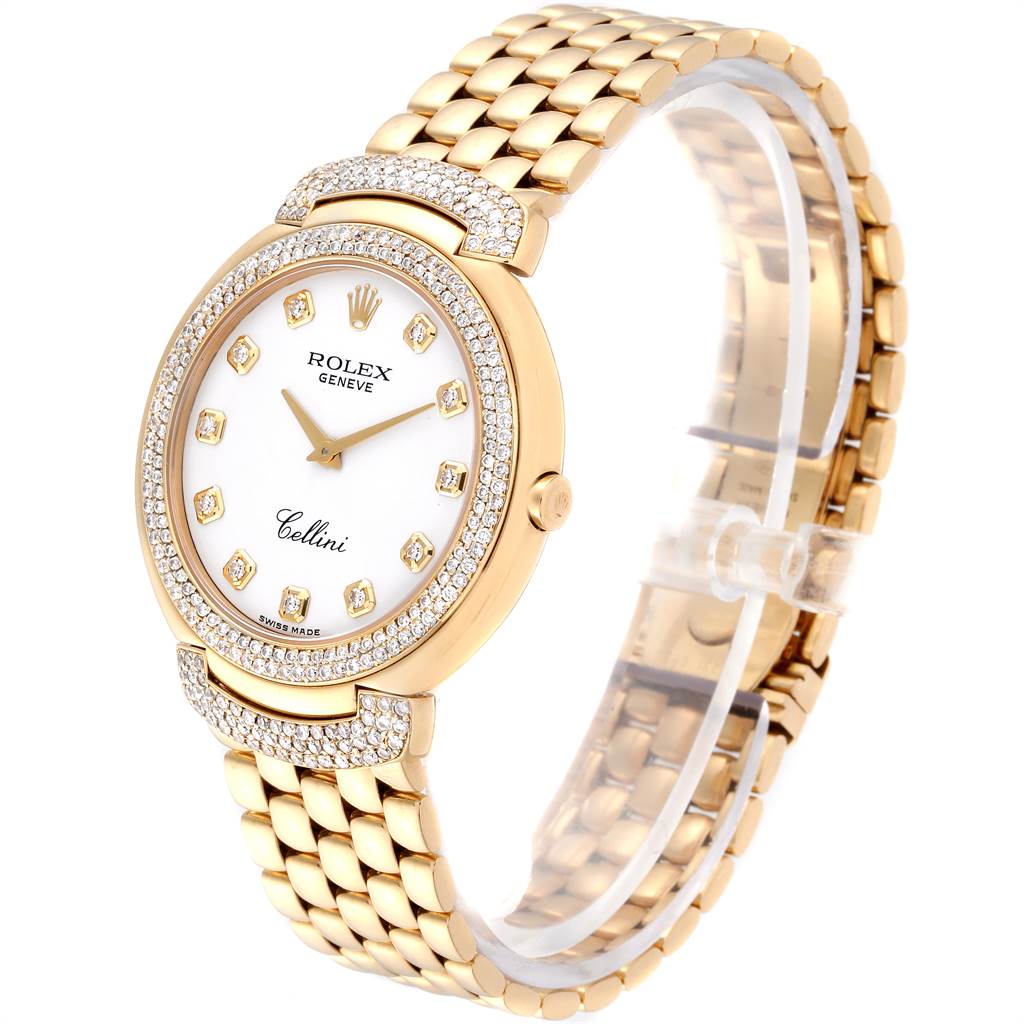 This image shows a Rolex Cellini 6623 Men's Yellow Gold White Dial 6623 Men's Yellow Gold White Dial watch from a front-side angle, displaying the face, bezel, and bracelet.