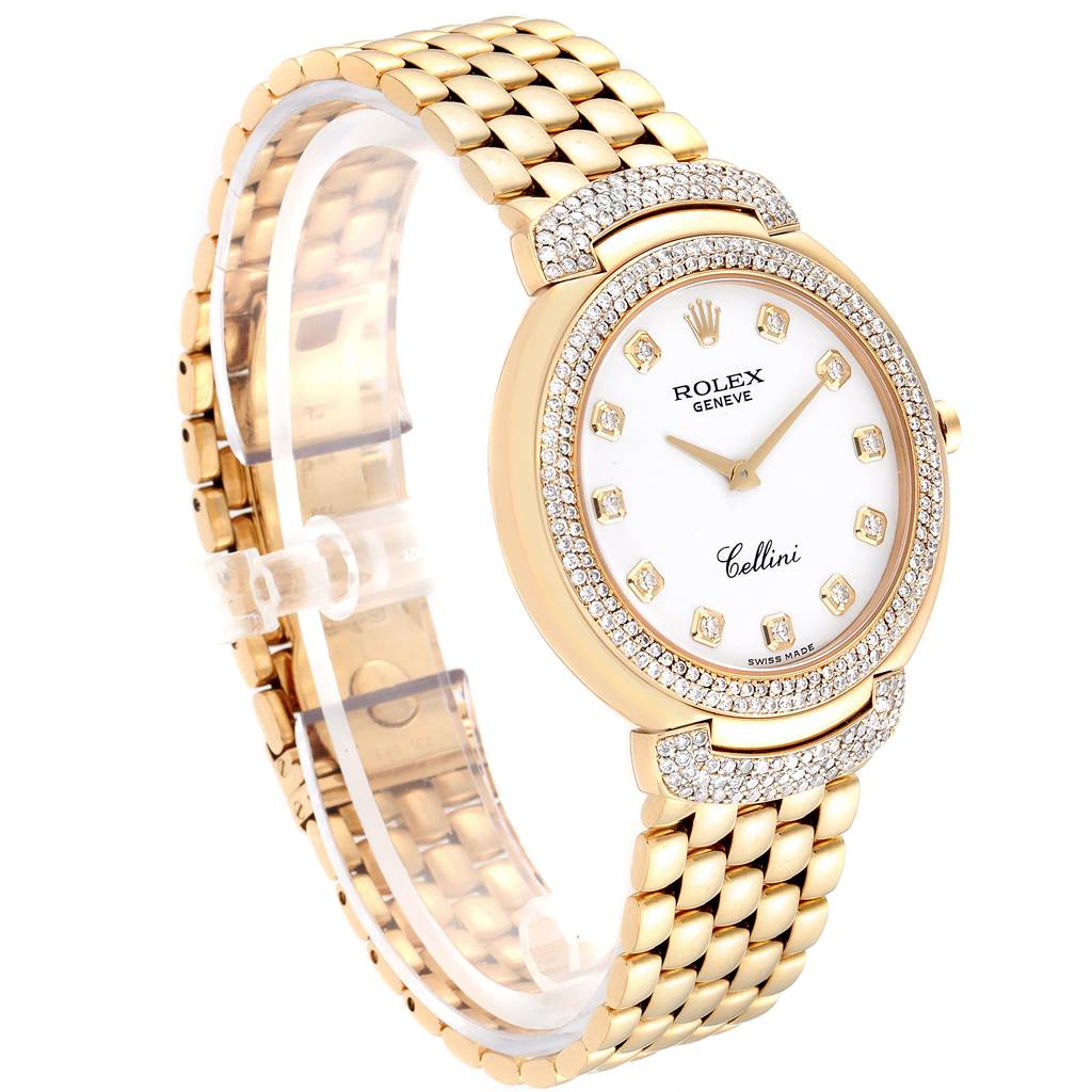 The image shows a Rolex Cellini 6623 Men's Yellow Gold White Dial 6623 Men's Yellow Gold White Dial watch angled to display the face, bezel, and bracelet from a side view.