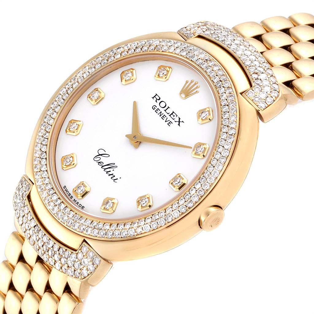 The Rolex Cellini 6623 Men's Yellow Gold White Dial 6623 Men's Yellow Gold White Dial watch is shown at an angled close-up, highlighting its diamond-studded bezel, gold case, and bracelet.