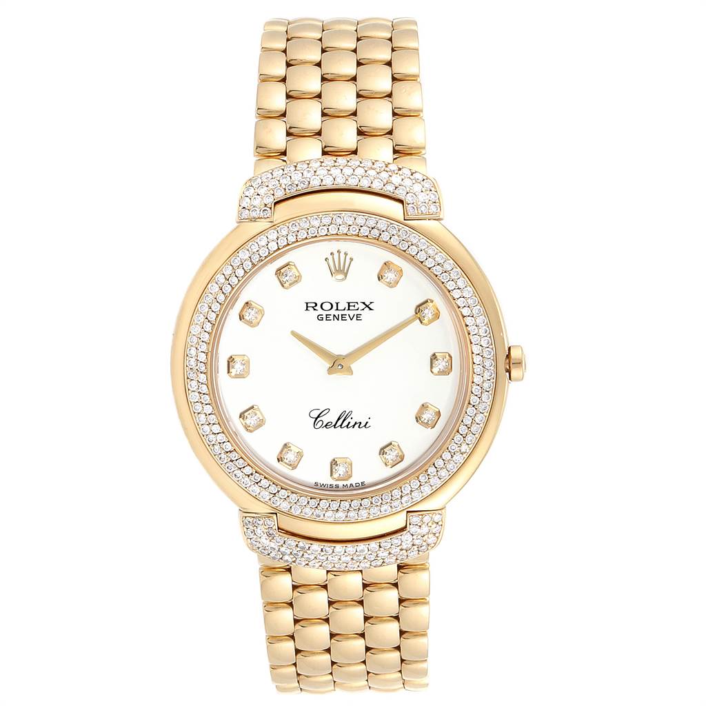 The image shows the front view of a Rolex Cellini 6623 Men's Yellow Gold White Dial 6623 Men's Yellow Gold White Dial watch, detailing its gold strap, white dial, and diamond-accented bezel.