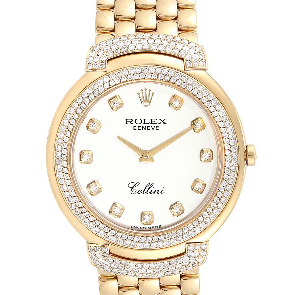 The image shows a front view of the Rolex Cellini 6623 Men's Yellow Gold White Dial 6623 Men's Yellow Gold White Dial watch featuring a gold case with diamond accents and a linked gold bracelet.