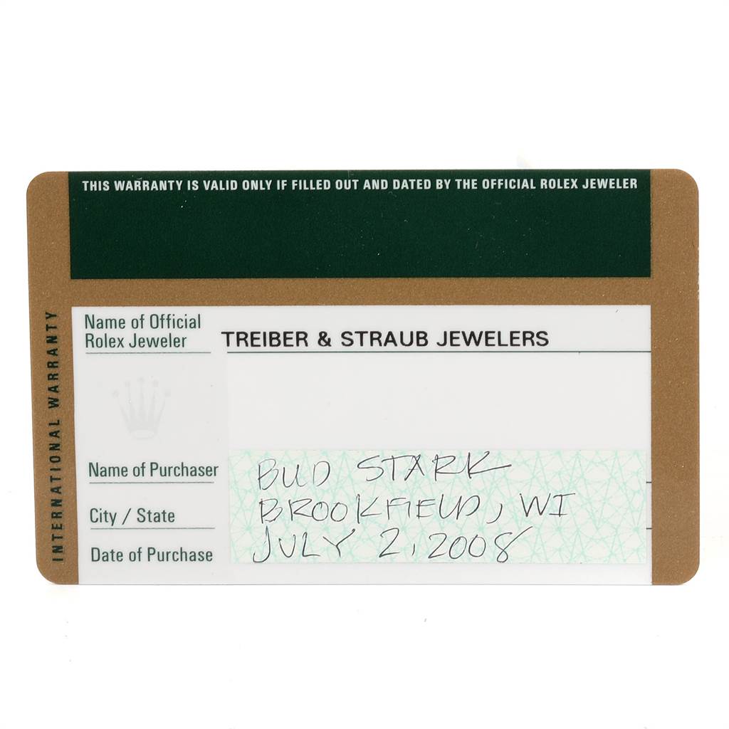 The image shows a warranty card for a Rolex Cellini 6623 Men's Yellow Gold White Dial 6623 Men's Yellow Gold White Dial watch, featuring the jeweler's information and the purchase date.