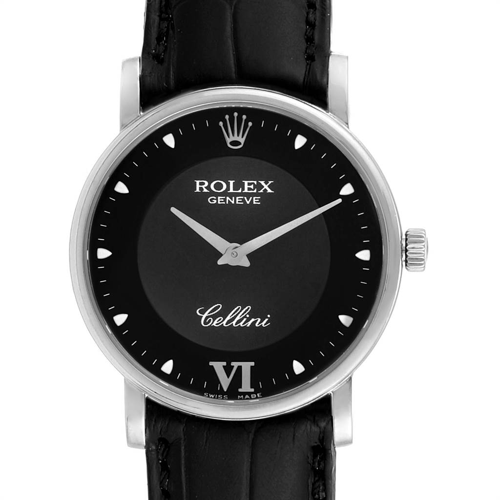 The image shows the Rolex Cellini 5115 Men
s White Gold Black Dial 5115 Men
s White Gold Black Dial watch from an upright angle, focusing on its black dial, hands, crown, and leather strap.