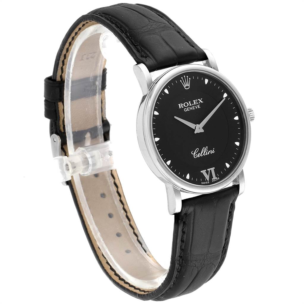 The image shows a black-dial Rolex Cellini 5115 Men
s White Gold Black Dial 5115 Men
s White Gold Black Dial watch with leather strap viewed from a front-left angle.