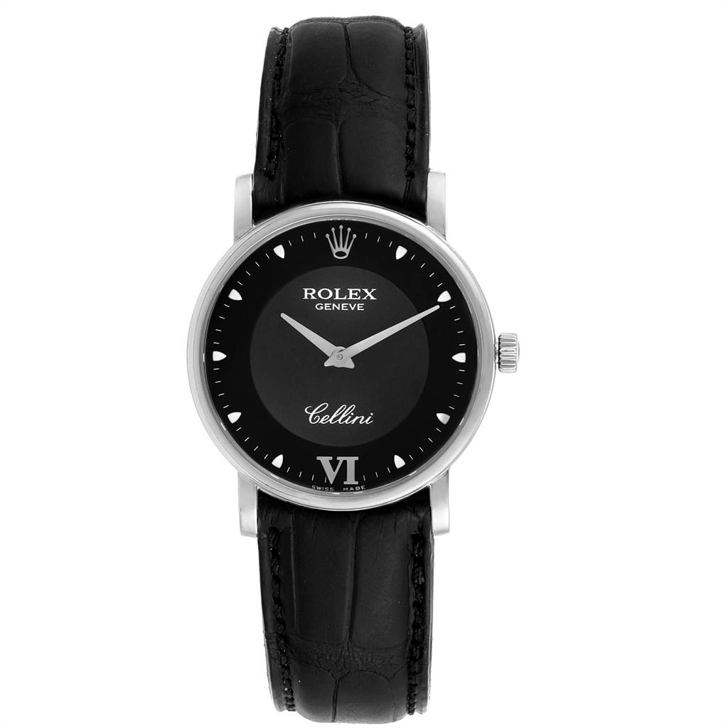 This image shows a front view of the Rolex Cellini 5115 Men
s White Gold Black Dial 5115 Men
s White Gold Black Dial watch, displaying its black dial, markers, crown, and black leather strap.
