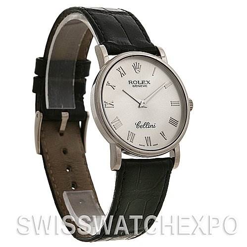 The Rolex Cellini 5115/9 White Gold Silver Dial 5115/9 White Gold Silver Dial watch is shown at a slight angle, displaying the face, strap, and buckle.