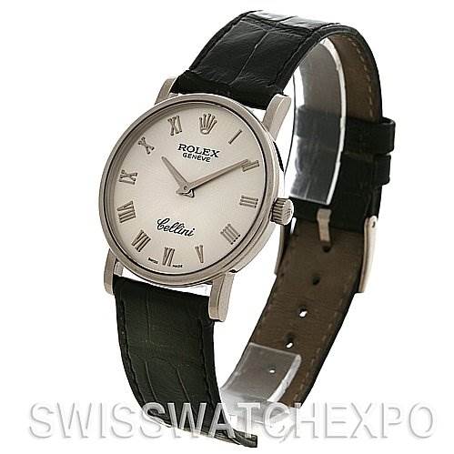 The image shows a side-angle view of a Rolex Cellini 5115/9 White Gold Silver Dial 5115/9 White Gold Silver Dial watch, displaying the face, bezel, crown, and leather strap.