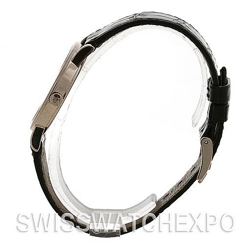 The image shows a side profile of the Rolex Cellini 5115/9 White Gold Silver Dial 5115/9 White Gold Silver Dial watch focusing on its leather strap and clasp.