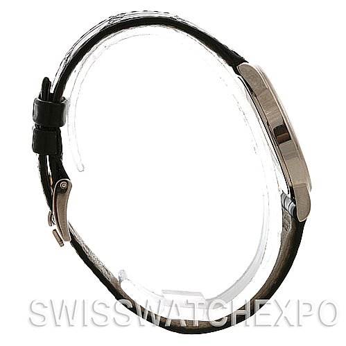 Side view of the Rolex Cellini 5115/9 White Gold Silver Dial 5115/9 White Gold Silver Dial watch, showcasing the case, crown, and leather strap with a buckle.