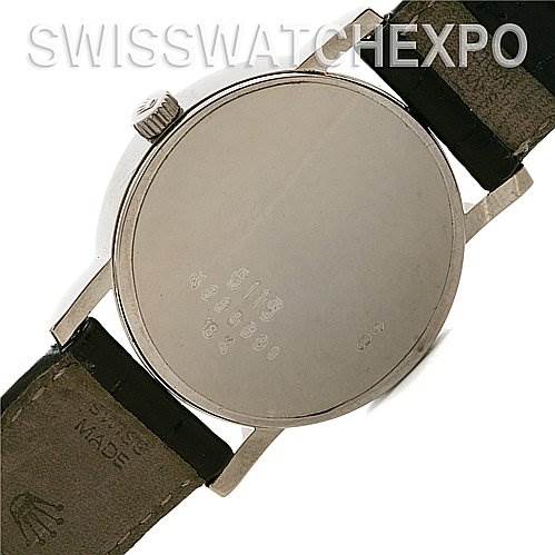 This image shows the back case and leather straps of a Rolex Cellini 5115/9 White Gold Silver Dial 5115/9 White Gold Silver Dial watch, taken from a rear angle.