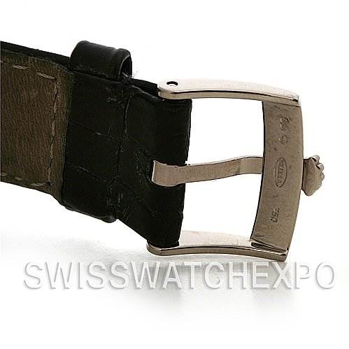 The image shows a close-up of the buckle and leather strap of a Rolex Cellini 5115/9 White Gold Silver Dial 5115/9 White Gold Silver Dial watch.