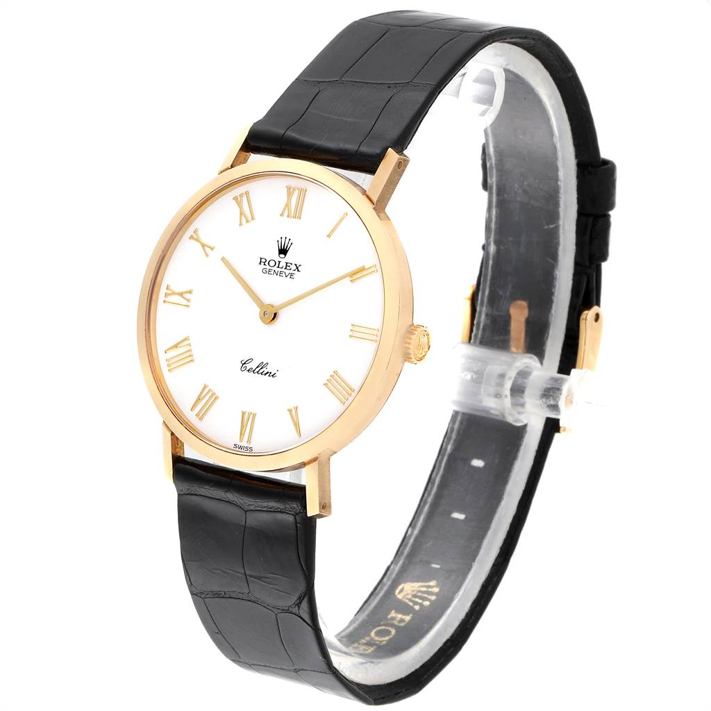 The image shows a Rolex Cellini 4112 Men's Yellow Gold White Dial 4112 Men's Yellow Gold White Dial watch at a slight angle, displaying the face, black leather band, and part of the gold case.