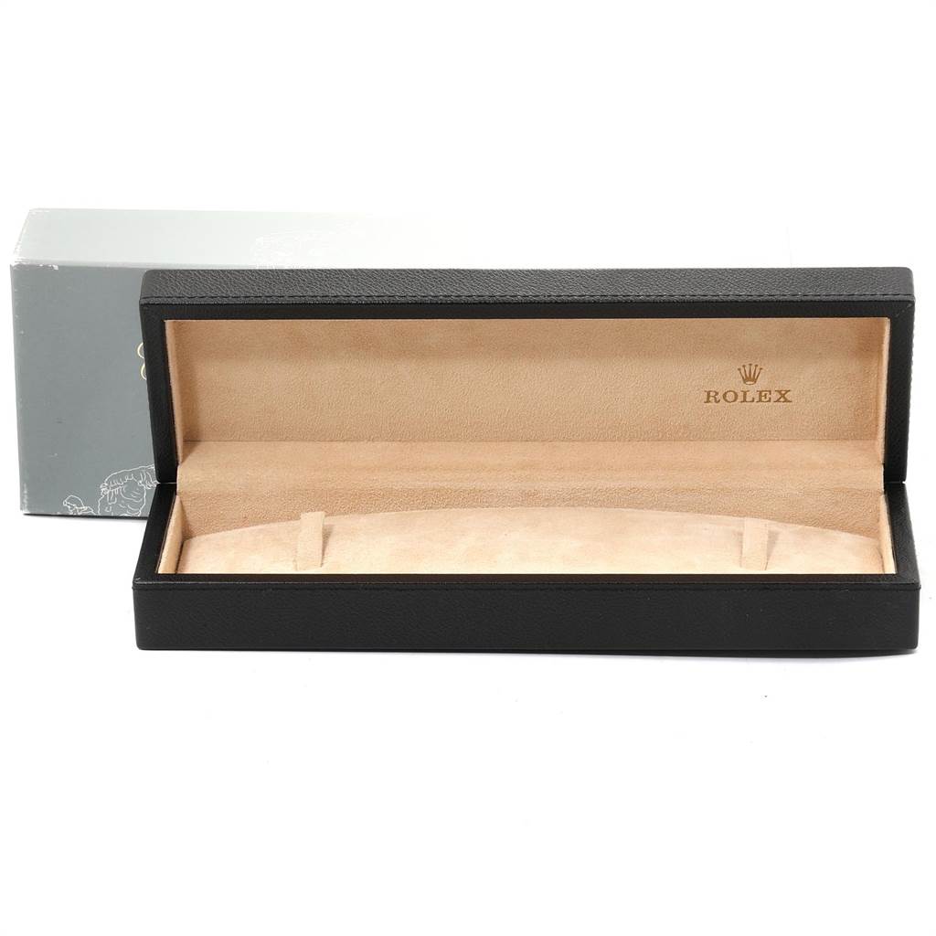 The image shows an empty open box for the Rolex Cellini 4112 Men's Yellow Gold White Dial 4112 Men's Yellow Gold White Dial model, highlighting its beige interior and brand logo.